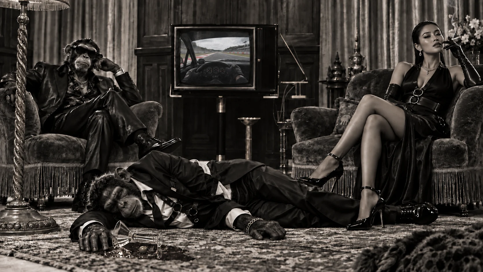 Original AI-generated Monkey Rave fashion tableau with a race-car POV on the television