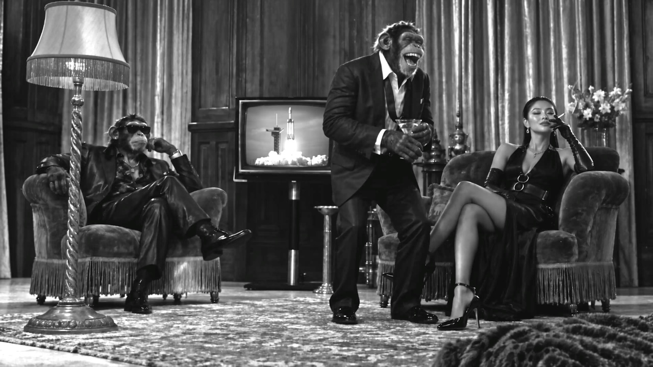 Two chimpanzees in suits and a woman seated in a monochrome lounge beside a television showing a rocket launch